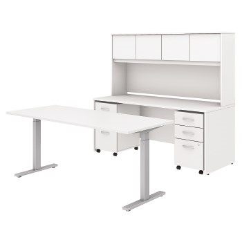 Business Furniture Studio C Height Adjustable Standing Desk Credenza With Hutch And Mobile File Cabinets 72 W X 30 D White Wb Mason