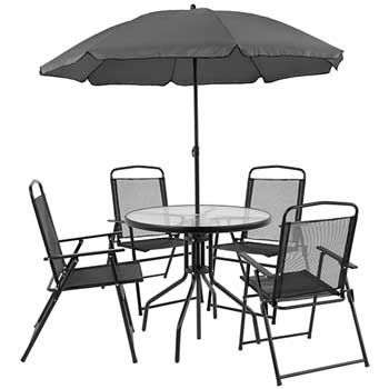 Nantucket 6 Piece Black Patio Garden Set With Table Umbrella And 4 Folding Chairs Wb Mason