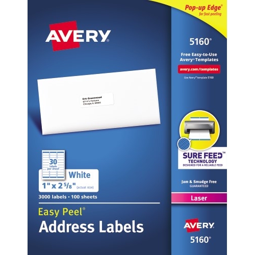 3000/Box White PRES-a-ply Laser Address Labels 1 x 2-5/8 