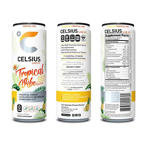 Celsius Sparkling Tropical Vibe Energy Drink 12oz 12 CS WB Mason