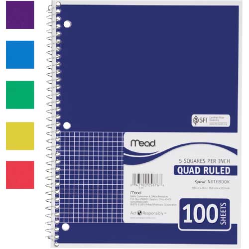 Mead Spiral Quad Ruled Notebook 1 Subject 5 Squares per inch 100 Sheets 6 Pack 