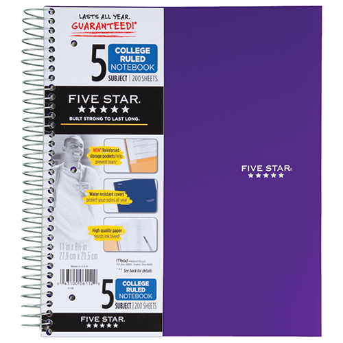 Five Star 3 or 5-Subject College Ruled Spiral sheet 150-200 page Notebook CHOOSE 