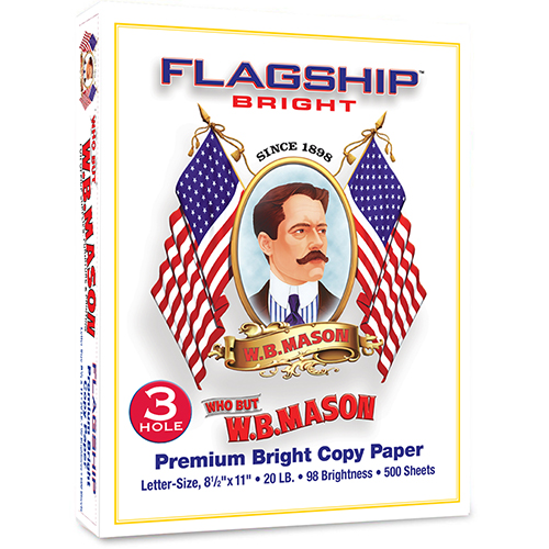 Flagship™ Bright Premium Bright Copy Paper, Extra Bright, 20 lb., 8 1/2 x  11, 3 Hole Punched, White, 500/RM - WB Mason