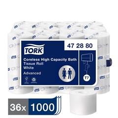 T7 Advanced Coreless High Capacity Bath Tissue, 2-Ply, 3.66" x 333.33', White, 1,000 Sheets/Roll ...