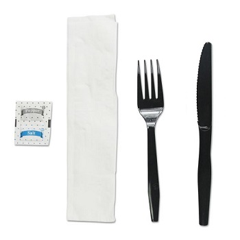 W.B. Mason Co. Wrapped Disposable Cutlery Catering Kit (Knives, Forks, Napkins, Salt, Pepper), Plastic, Black, 250 Kits/Case