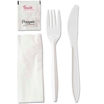 Crystalware Disposable Wrapped Cutlery Kit of Knives, Forks, Napkins, Salt,, Pepper, Plastic, White, 250 Cutlery Kits, Carton