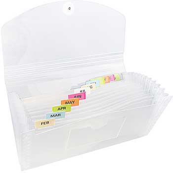 JAM Paper Accordion Folders, 13 Pocket Plastic Expanding File, 5&quot; x 10 1/2&quot;, Clear, 24/PK