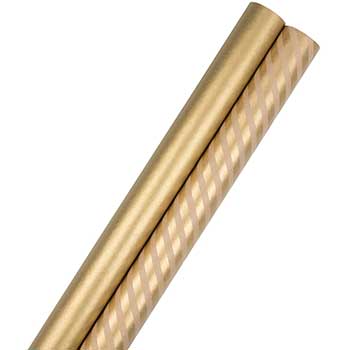 JAM Paper Wrapping Paper, Stripes &amp; Solids, 50 Sq. Ft. Total, Gold, 2/PK