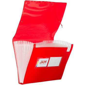 JAM Paper Accordion Folders, 13&quot; Pocket Plastic Expanding File, 9&quot; x 13&quot;, Red, 24/BX