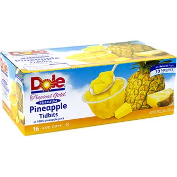 Dole Pineapple Tidbit Bowls, 4 oz, 16/Pack
