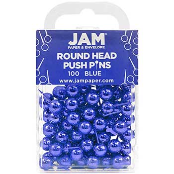 JAM Paper Colorful Push Pins, Round Head, Blue, 100/PK