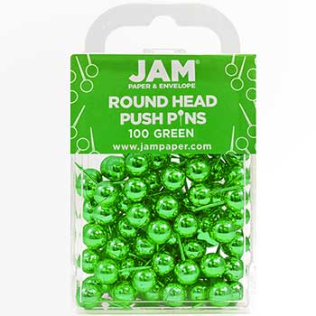 JAM Paper Colorful Push Pins, Round Head, Green, 100/PK