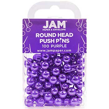 JAM Paper Colorful Push Pins, Round Head, Purple, 100/PK