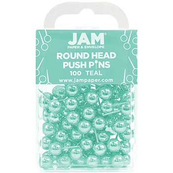 JAM Paper Colorful Push Pins, Round Head, Teal, 100/PK