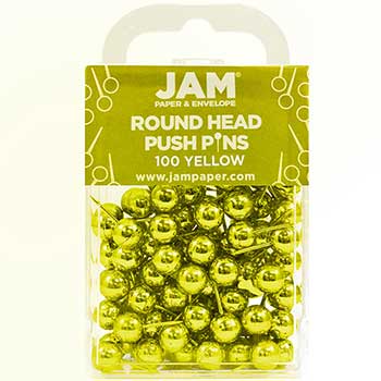 JAM Paper Colorful Push Pins, Round Head, Yellow, 100/PK