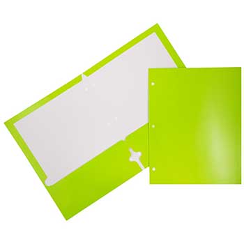 JAM Paper Laminated Two Pocket Glossy 3 Hole Punch Folders, Lime Green, 50/BX
