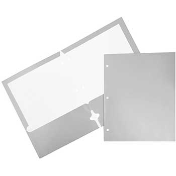 JAM Paper Laminated Two Pocket Glossy 3 Hole Punch Folders, Silver, 50/BX