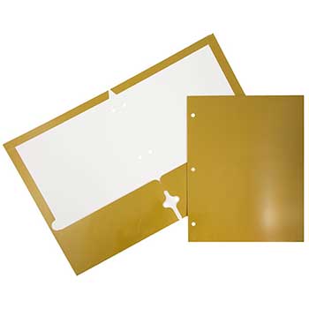 JAM Paper Laminated Two Pocket Glossy 3 Hole Punch Folders, Gold, 25/PK