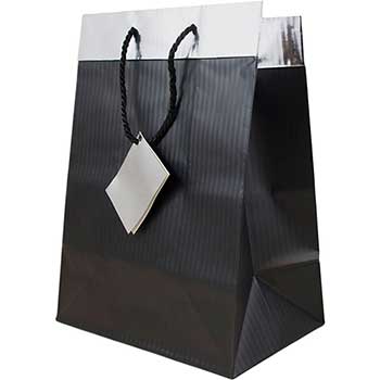 JAM Paper Gift Bag with Rope Handles, 10&quot; x 13&quot; x 6&quot;, Black Pinstripe with Silver Top