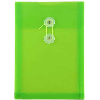 JAM Paper Plastic Open End Envelopes with Button and String Closure, 6 1/4&quot; x 9 1/4&quot;, Lime Green, 12/PK
