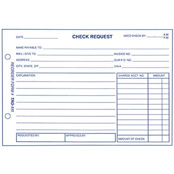 Auto Supplies Check Request Form, TRO-111, 100/PD