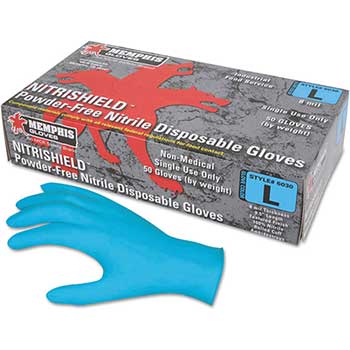 Memphis Nitrile Disposable Gloves, Powder Free, Textured, 8 mil, Blue, Small, 50/BX