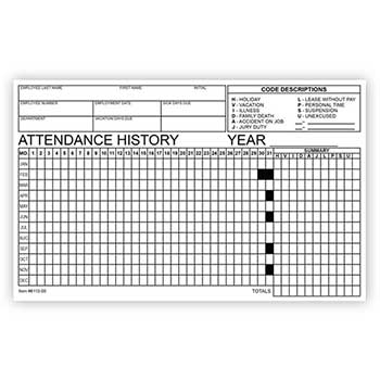 Auto Supplies Employee Attendance Tracker Form, 50/PK
