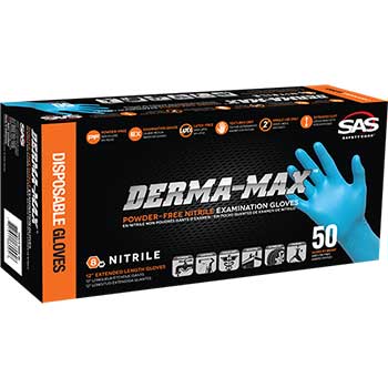 SAS Safety Corp. Derma-Max Exam-Grade Disposable Gloves, Powder-Free, Nitrile, XL, 50/BX