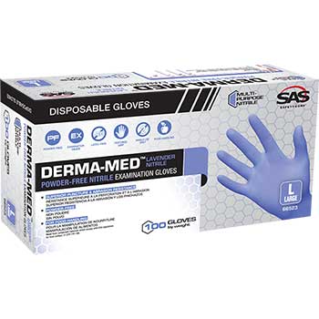 SAS Safety Corp. Derma-Med Exam-Grade Disposable Gloves, Powder-Free, Nitrile, Large, 100/BX