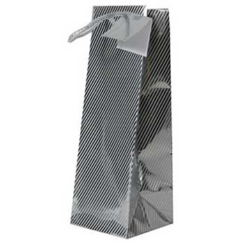 JAM Paper Wine Gift Bag, 5&quot; x 3 1/2&quot; x 13&quot;, Silver Foil Diagonal Pinstripe