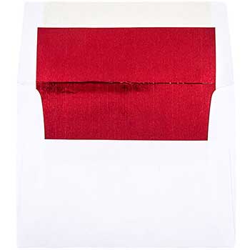 JAM Paper A2 Foil Invitation Envelopes, 4 3/8&quot; x 5 3/4&quot;, White with Red, 50/BX