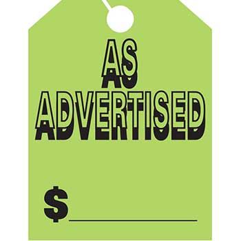Auto Supplies Mirror Hang Tags, As Advertised, Large, Green, 50/PK