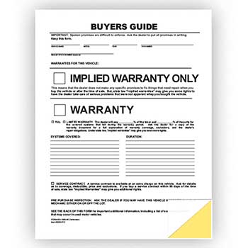 Auto Supplies Buyers Guide, Implied Warranty, 2 Part, File Copy, 100/PK