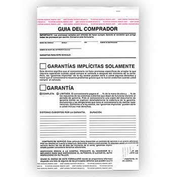 Auto Supplies Buyers Guide, Implied Warranty, 2 Part, Spanish, 100/PK