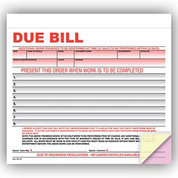 Auto Supplies Due Bill Form, 3 Part, 100/PK
