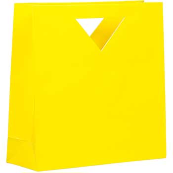 JAM Paper Heavy Duty Die Cut Glossy Bags with Triangle Handle, 12&quot; x 4&quot; x 4&quot;, Yellow, 100/PK