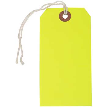 JAM Paper Gift Tags with String, 4 3/4&quot; x 2 3/8&quot;, Neon Yellow, 100/BX