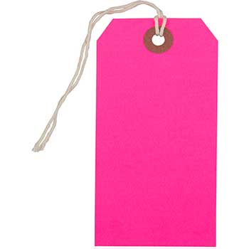 JAM Paper Gift Tags with String, 4 3/4&quot; x 2 3/8&quot;, Neon Pink, 100/BX