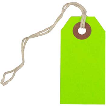 JAM Paper Gift Tags with String, 2 3/4&quot; x 1 3/8&quot;, Neon Green, 100/BX
