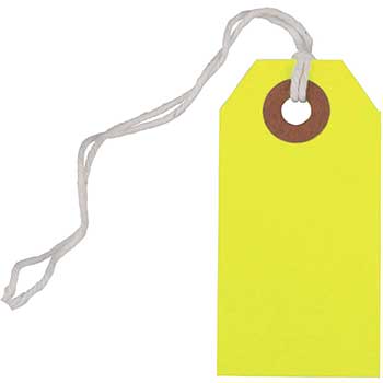 JAM Paper Gift Tags with String, 2 3/4&quot; x 1 3/8&quot;, Neon Yellow, 100/BX