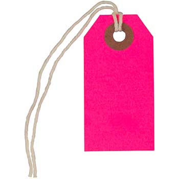 JAM Paper Gift Tags with String, 2 3/4&quot; x 1 3/8&quot;, Neon Pink, 100/BX