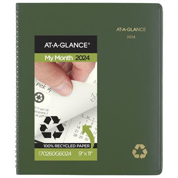 AT-A-GLANCE Recycled Monthly Planner, 9 in x 11 in, Green, 2024
