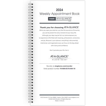 AT-A-GLANCE Weekly Appointment Book Refill Hourly Ruled, 3 1/4 in x 6 1/4 in, 2024