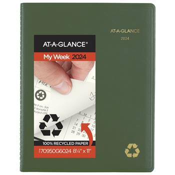 AT-A-GLANCE Recycled Weekly/Monthly Classic Appointment Book, 8 1/4 in x 10 7/8 in, Green, 2024