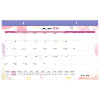 AT-A-GLANCE Recycled Monthly Desk Pad Calendar, 12 Month, 17-3/4&quot; x 10-7/8&quot;, Watercolors, Jan 2024 - Dec 2024