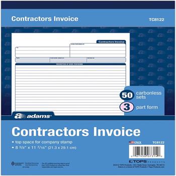 Adams Contractor’s Invoice Book, 3-Parts, 8 3/8 in x 11 7/16 in, 50 Sets/Book, 8 Books/Carton