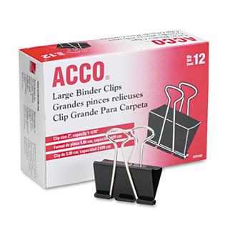 ACCO Large Binder Clips, Steel Wire, 1 1/16&quot; Capacity, 2&quot;w, Black/Silver, Dozen