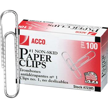 ACCO&#174; Nonskid Economy Paper Clips, Steel Wire, No. 1, Silver, 100/Box, 10 Boxes/Pack
