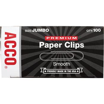 ACCO Smooth Finish Premium Paper Clips, Wire, Jumbo, Silver, 100/Box, 10 Boxes/Pack