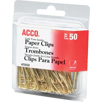 ACCO Paper Clips, Wire, Jumbo, 1-3/4&quot;, Gold Tone, 50/Box